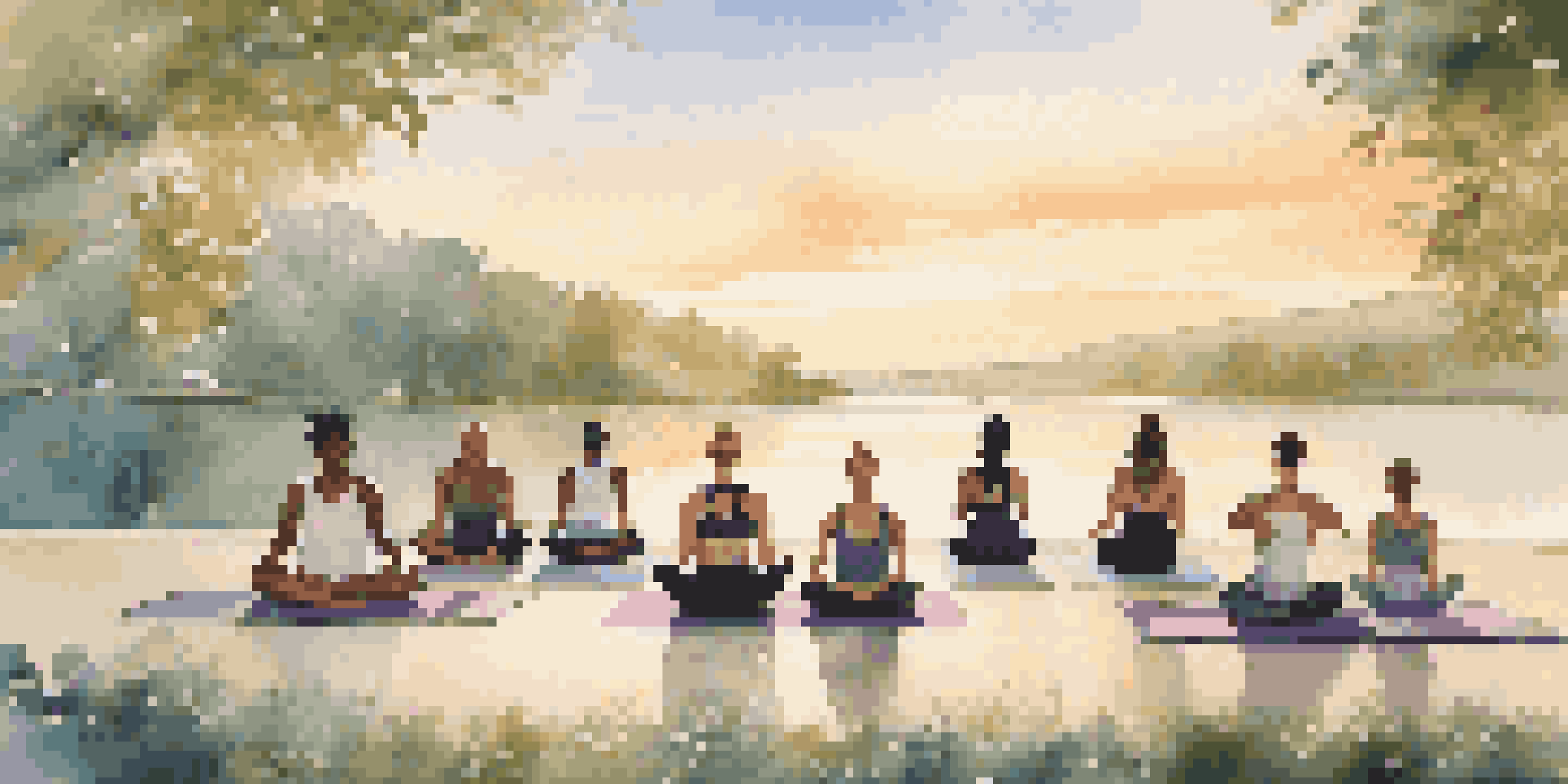 A diverse group practicing yoga outdoors at sunrise, dressed in stylish workout clothes, with a peaceful lake and greenery in the background.