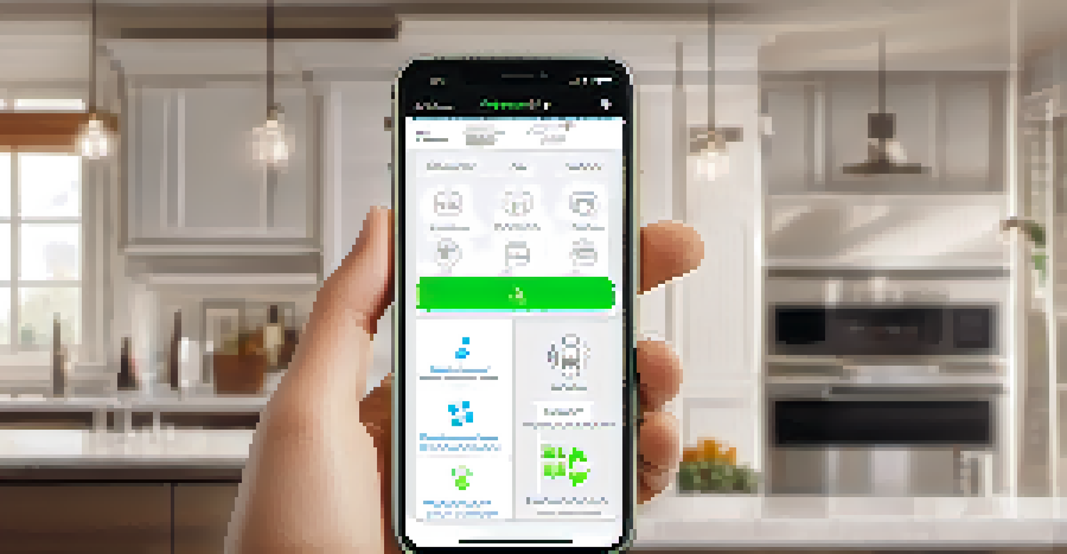 A close-up of a smartphone with a home automation app interface, set against a stylish kitchen background.