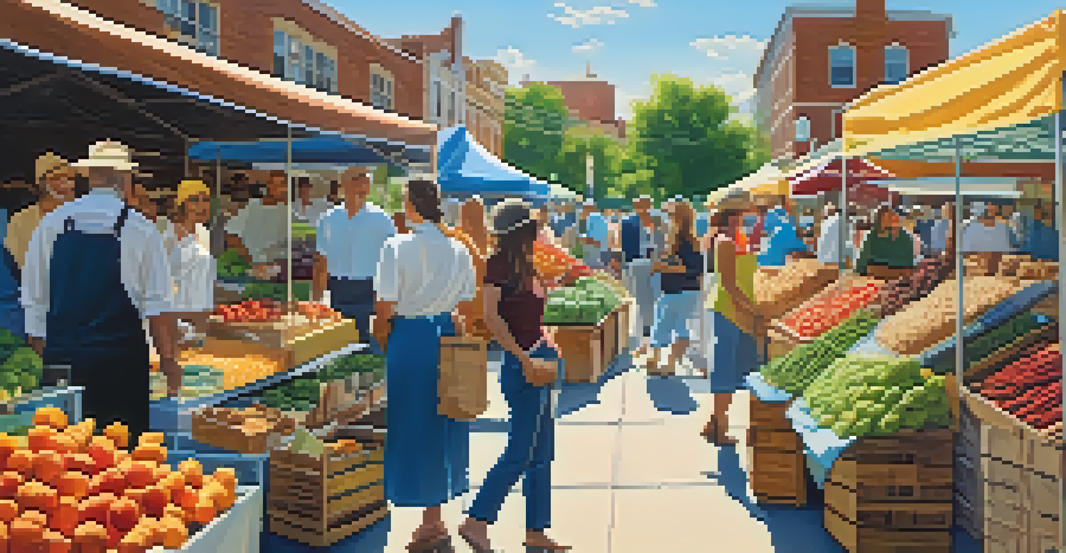 A bustling farmers' market filled with colorful fresh produce and shoppers.