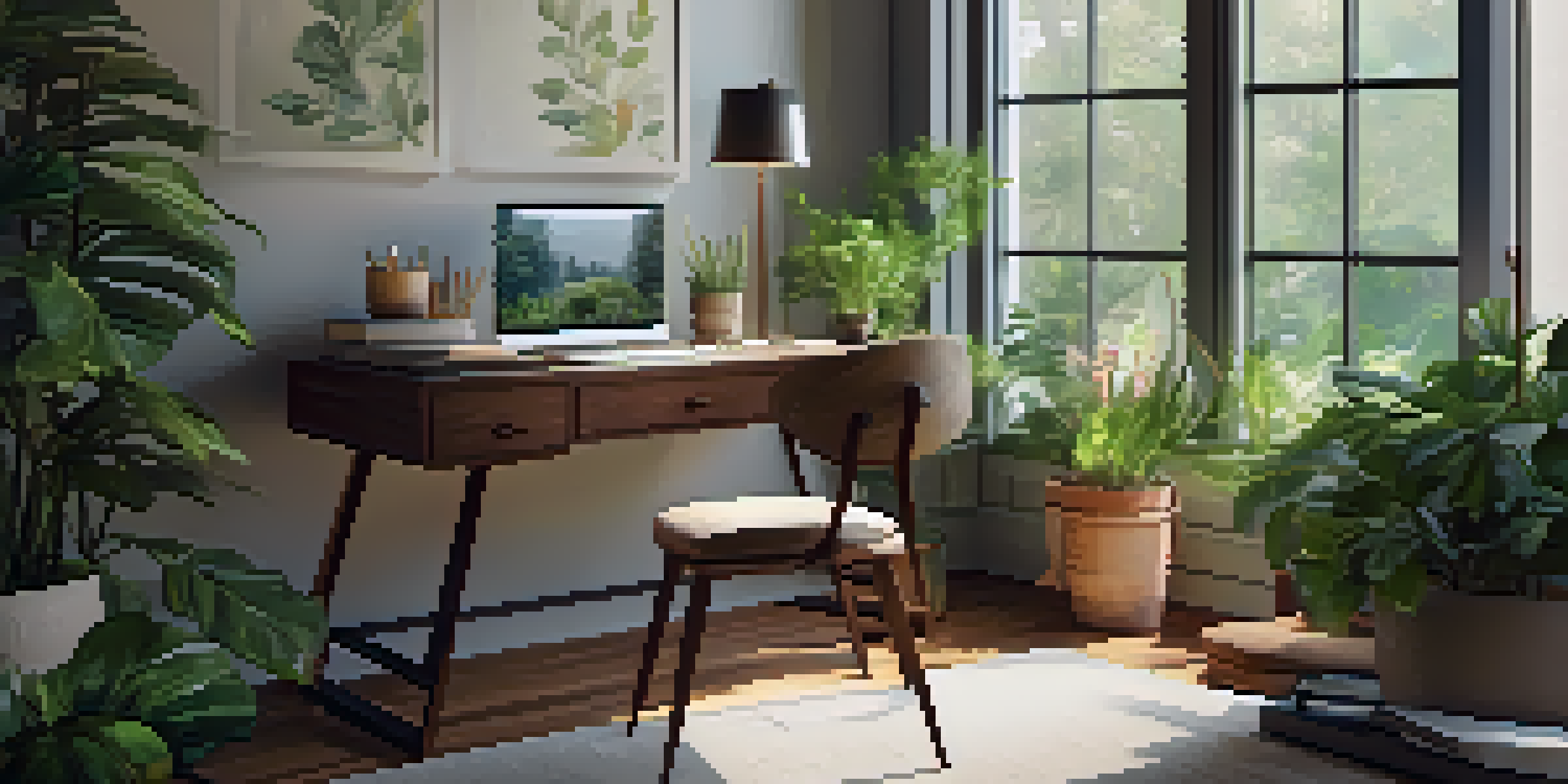 A bright and serene home office with a view of a lush garden, featuring a stylish desk with a laptop and a cup of coffee.