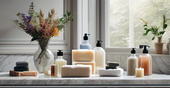 A tranquil bathroom with luxury soaps on a marble countertop, soft lighting, and a potted plant.