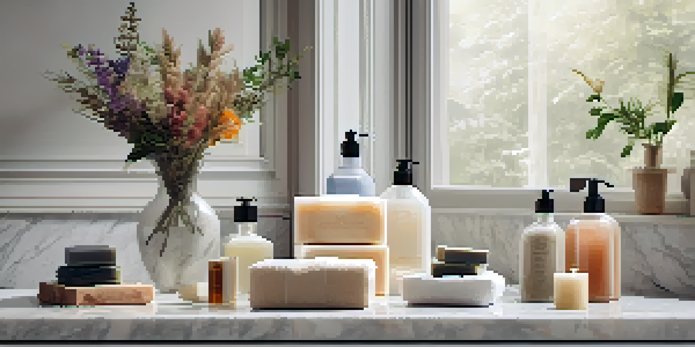 A tranquil bathroom with luxury soaps on a marble countertop, soft lighting, and a potted plant.