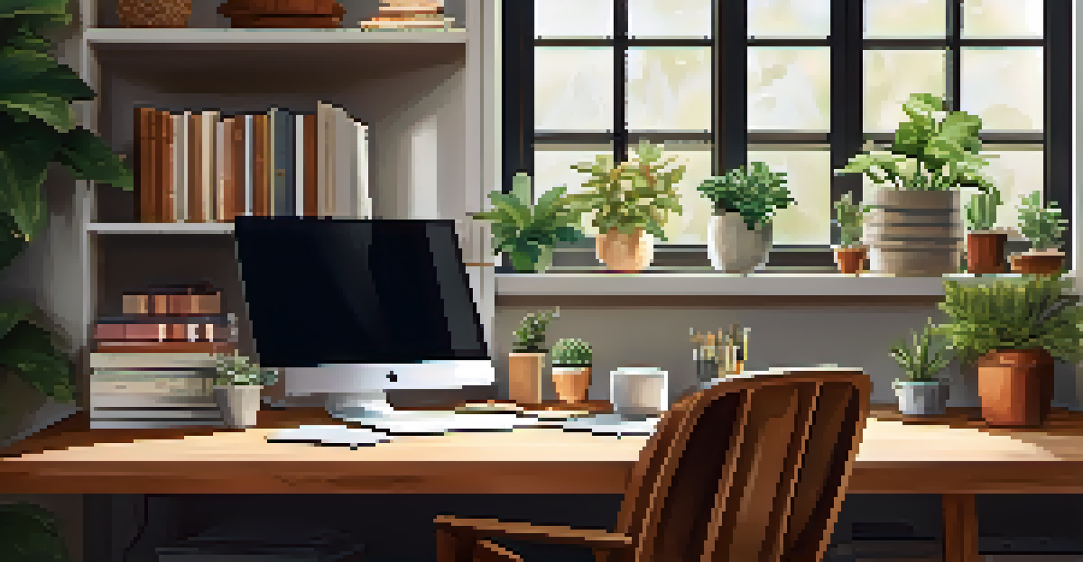 A cozy home office with a clutter-free desk, natural light, and indoor plants.