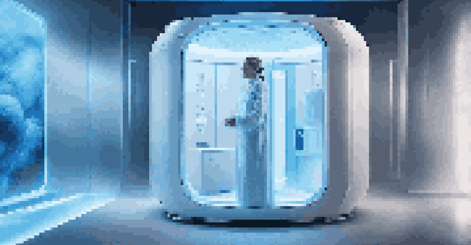 A futuristic cryotherapy chamber with a client experiencing cold treatment, illuminated by soft blue and white lights.
