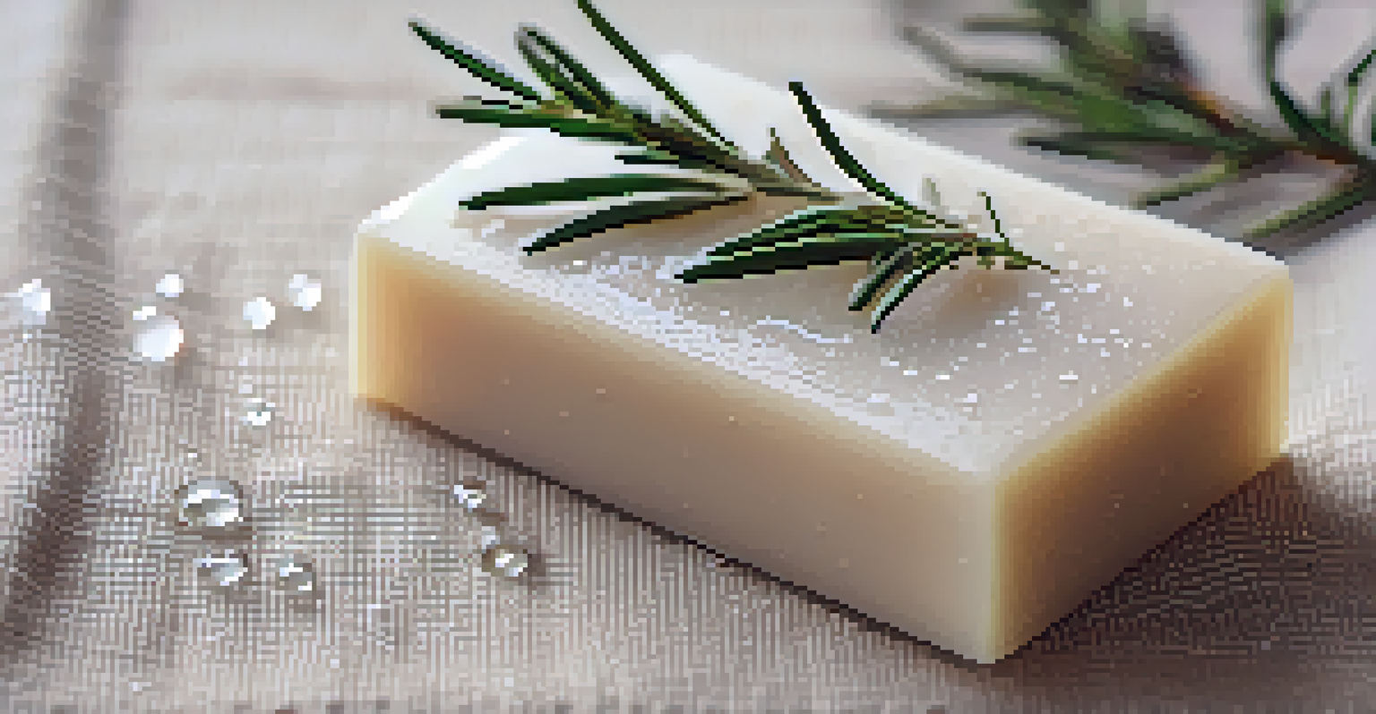 A close-up of a goat milk soap bar on a linen cloth with water droplets, complemented by a sprig of rosemary.