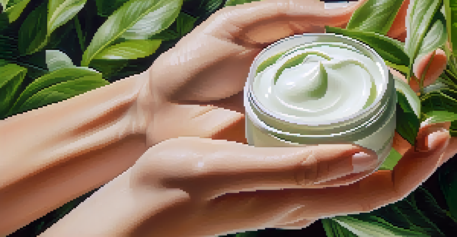 A close-up of hands applying a natural moisturizer to the skin, with a soft-focus green background.