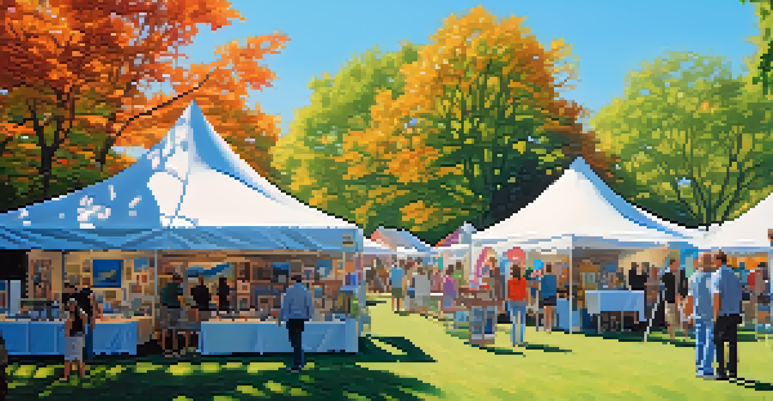 An outdoor art fair in a park, featuring colorful tents and artists creating art, with visitors enjoying the day under a clear blue sky.