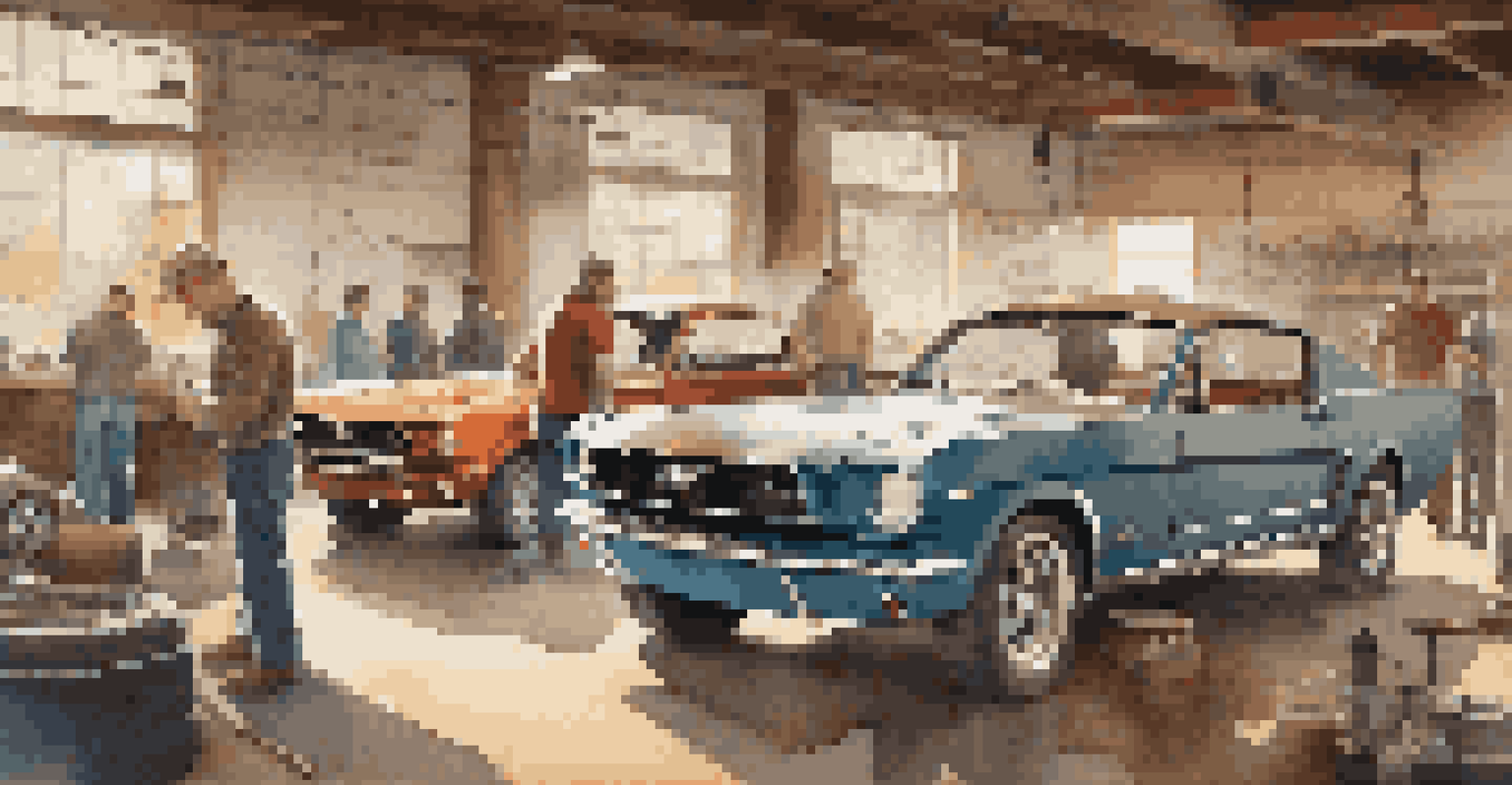 A workshop with enthusiasts restoring a classic Mustang, surrounded by car parts and tools in a rustic garage.