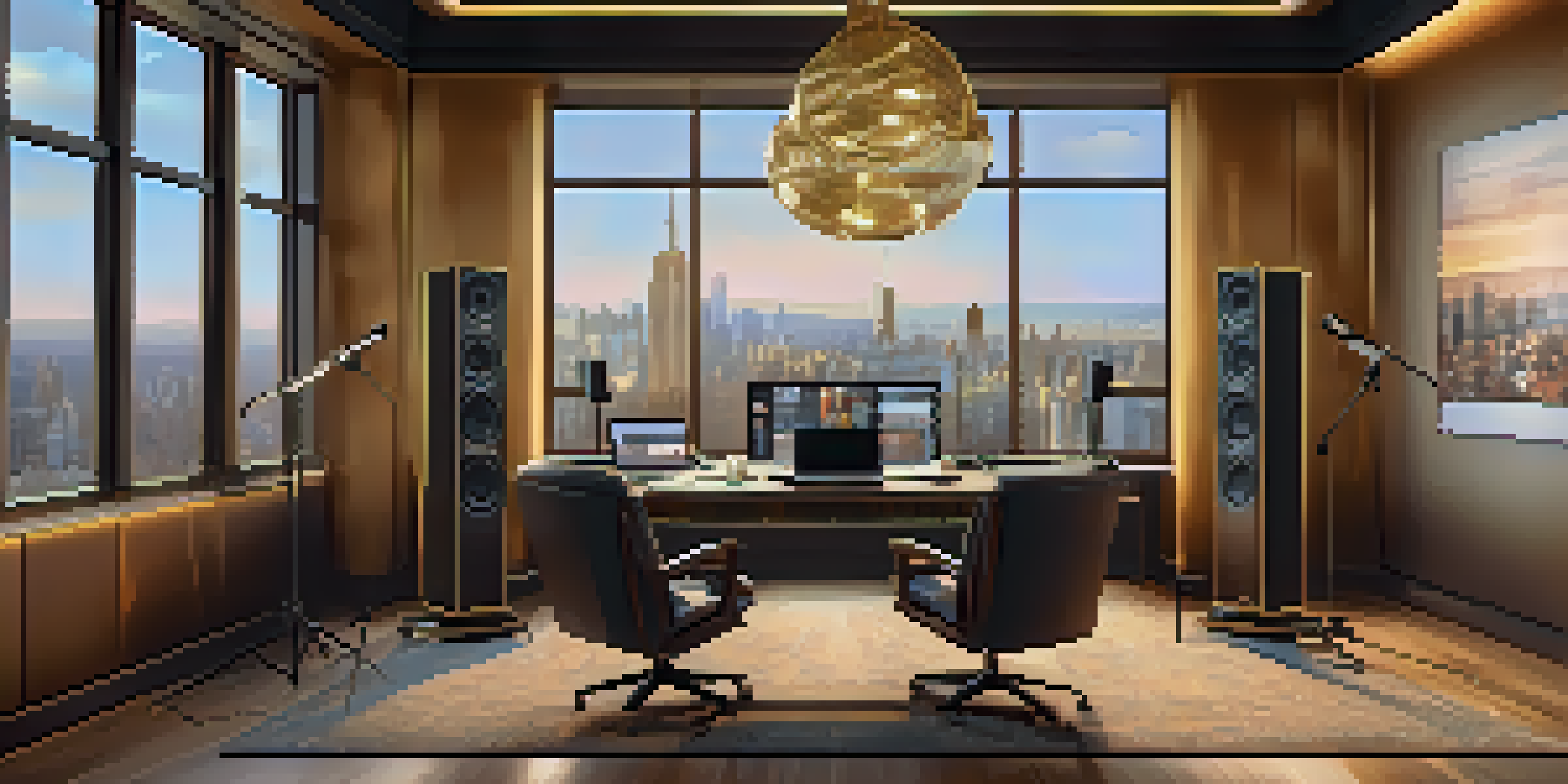 A lavish podcast studio with rich decor and modern recording equipment, showcasing a serene city view.