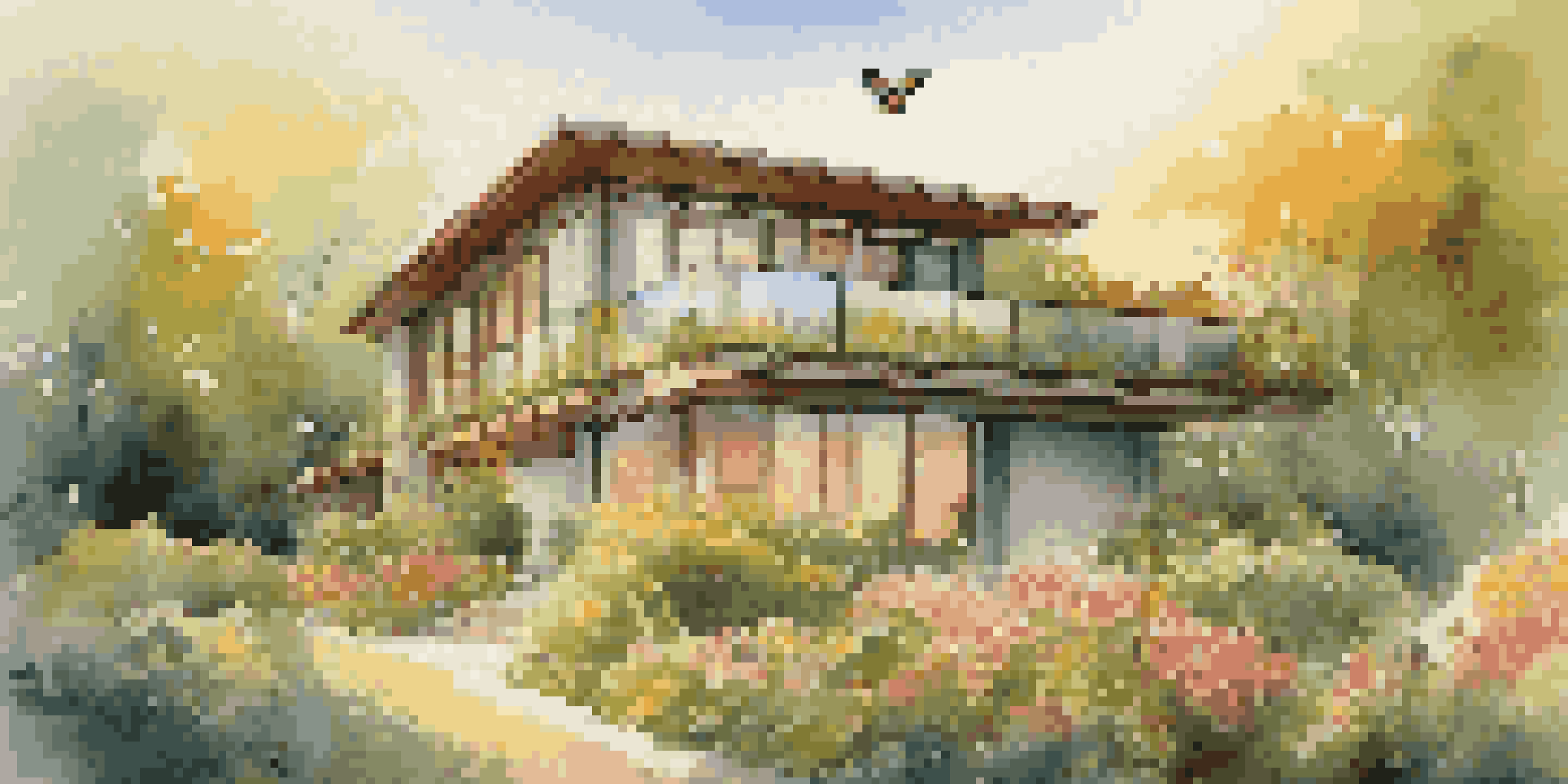 A luxurious home with a green roof filled with flowers and plants, illuminated by warm sunlight during golden hour.