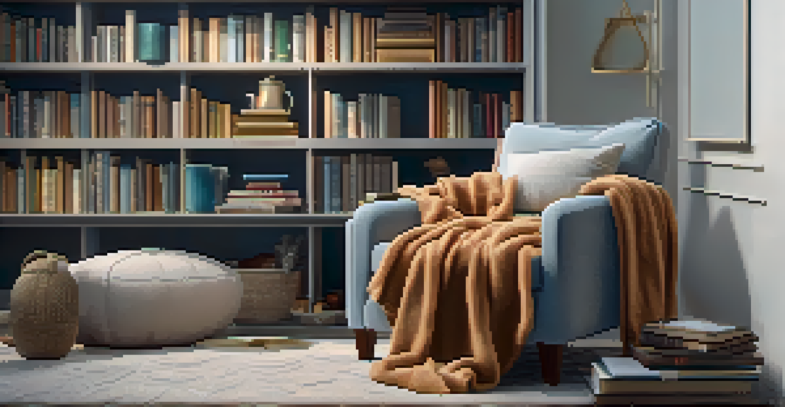 A cozy reading nook with a plush armchair, wool throw, textured pillows, and a steaming cup of tea on a side table, surrounded by a bookshelf.