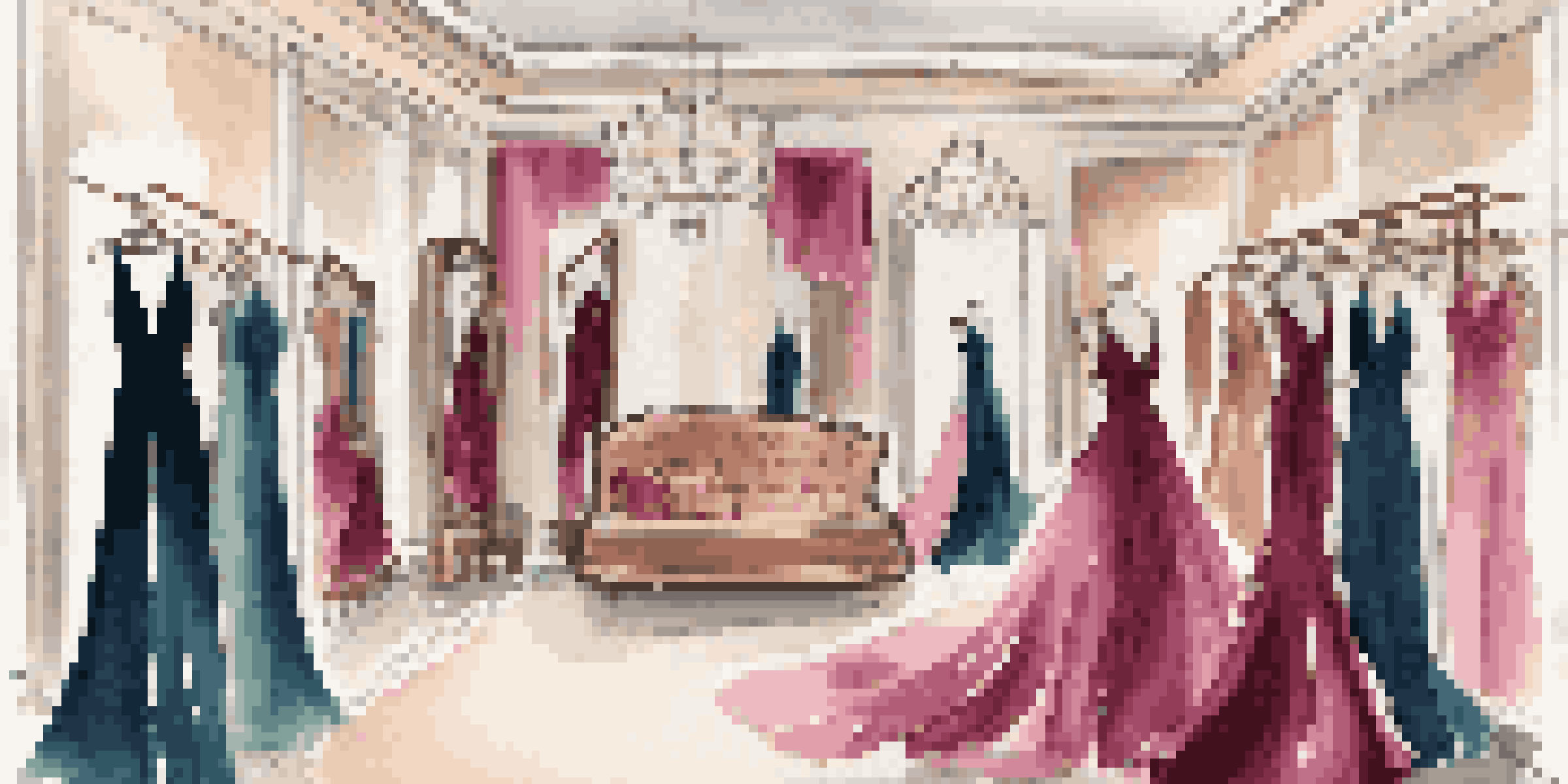 A model trying on an elegant evening gown in a luxurious fashion rental studio filled with high-end dresses and accessories.