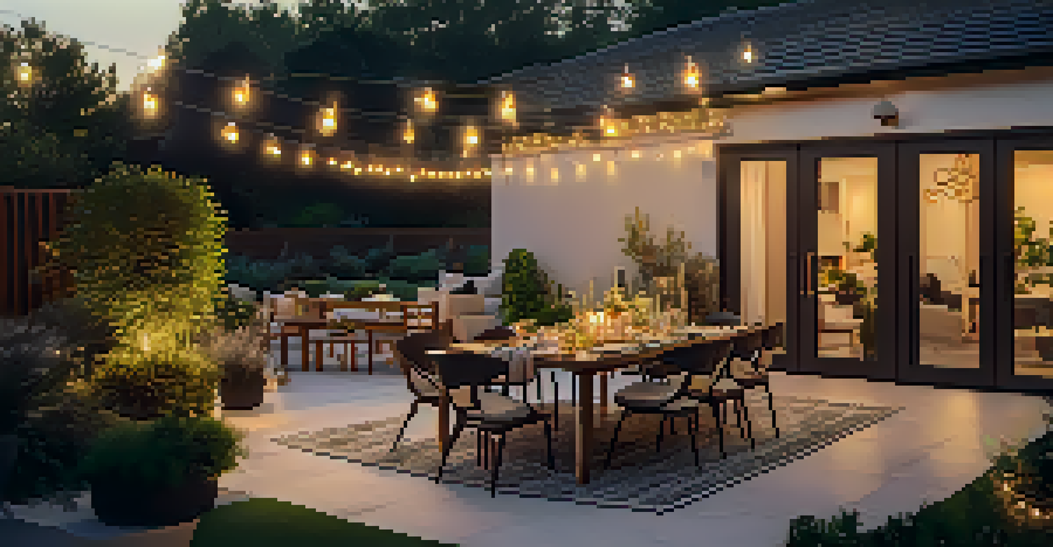 An outdoor patio with a dining table set for an evening gathering, illuminated by string lights at sunset.