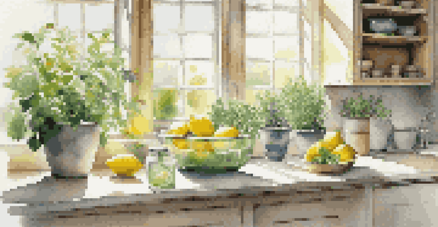 A bright kitchen with a herb garden, fresh lemons, and a lemon-scented cleaning product.