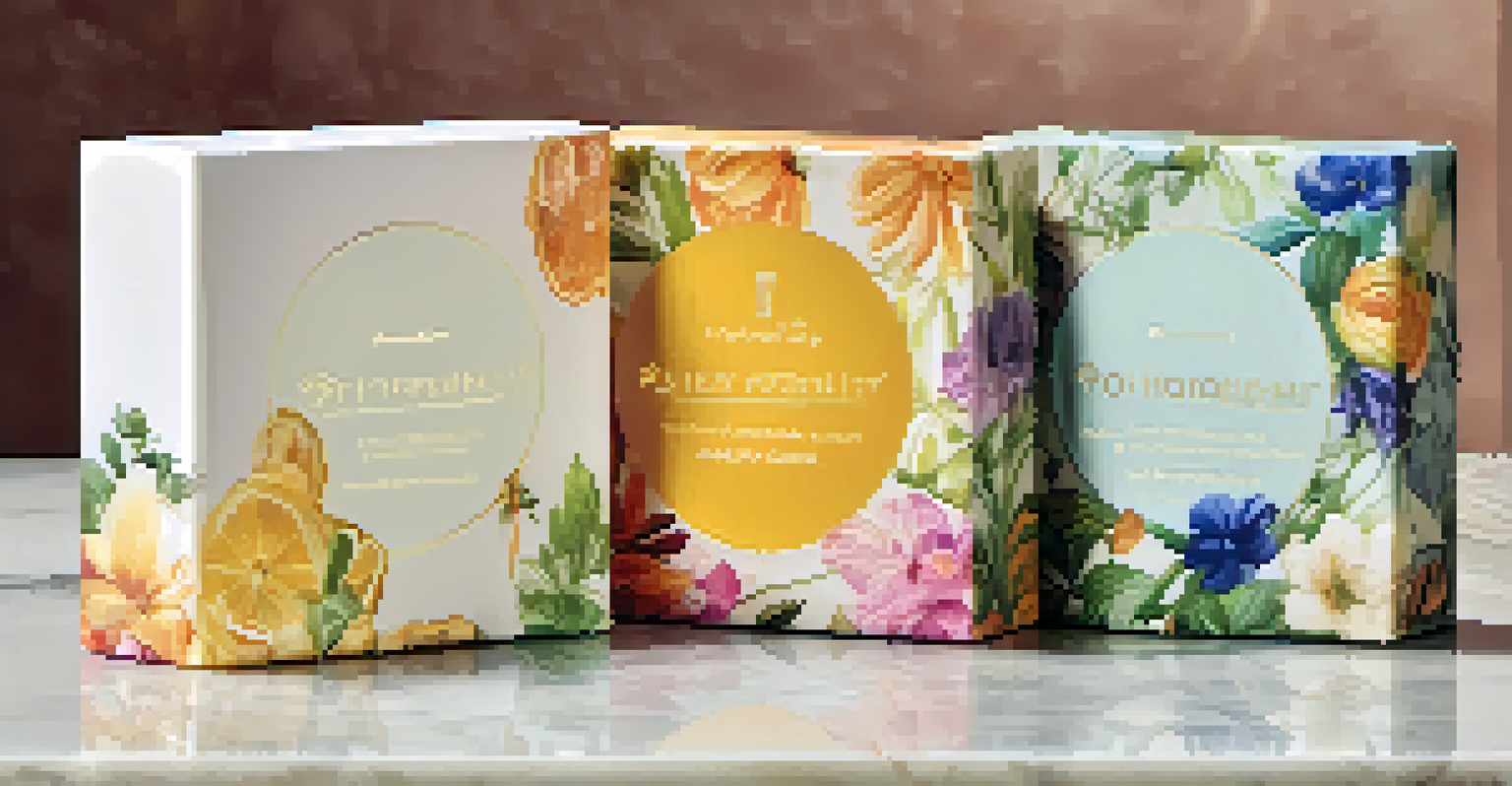 A colorful gift set of luxury soaps in an eco-friendly box, surrounded by greenery on a marble countertop.