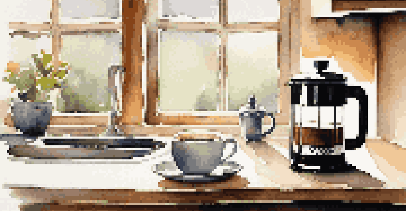 A cozy kitchen scene with a French press, coffee grounds, and a steaming cup of coffee in soft morning light.