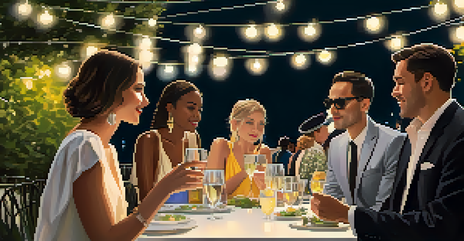 An outdoor art viewing event with guests enjoying contemporary artworks and gourmet drinks under fairy lights.