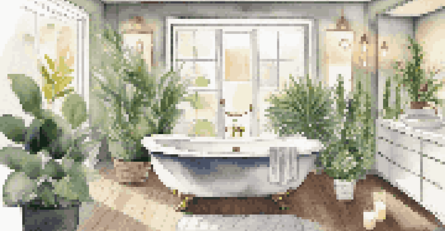 A luxurious bathroom featuring a freestanding tub, candles, and plants, creating a spa-like atmosphere.
