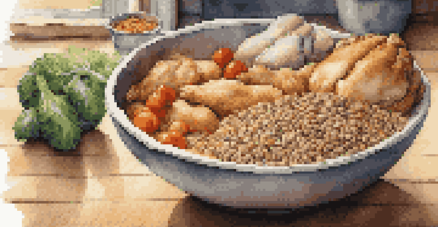 A close-up of a bowl of premium pet food with fresh ingredients, as a curious cat looks over the edge, illuminated by natural light.