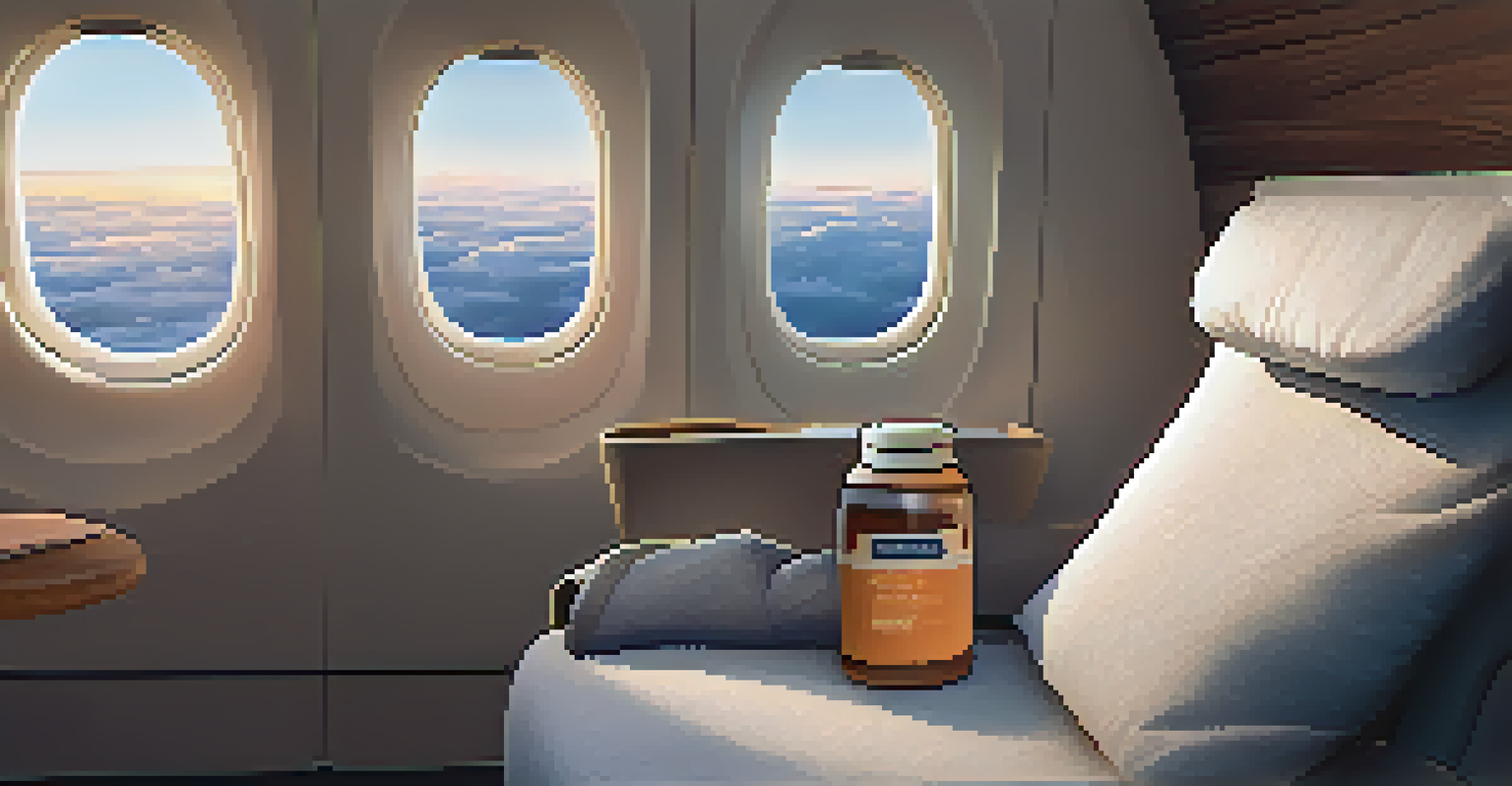 An airplane seat with a travel pillow, eye mask, and blanket, all set for a comfortable journey.