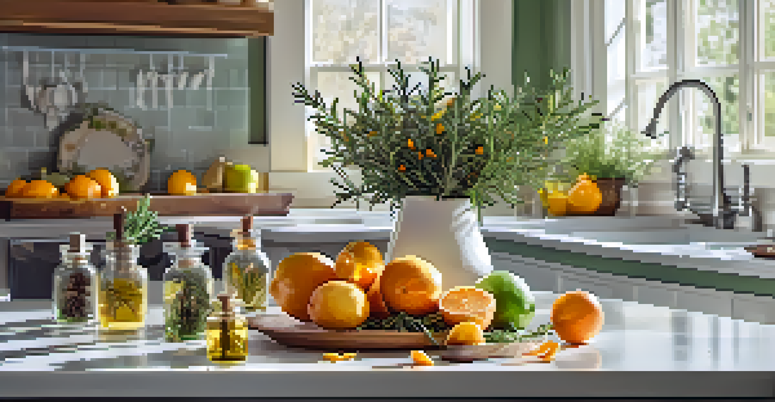 A bright kitchen showcasing citrus fruits and potpourri, with essential oil bottles on the countertop and natural light streaming in.