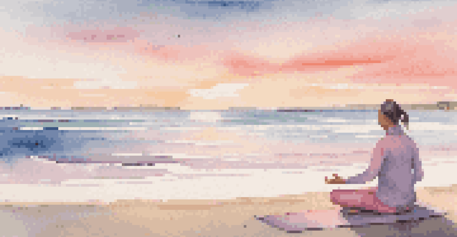 A person practicing yoga on a beach at sunrise, with soft pink and orange hues in the sky and gentle waves in the background.