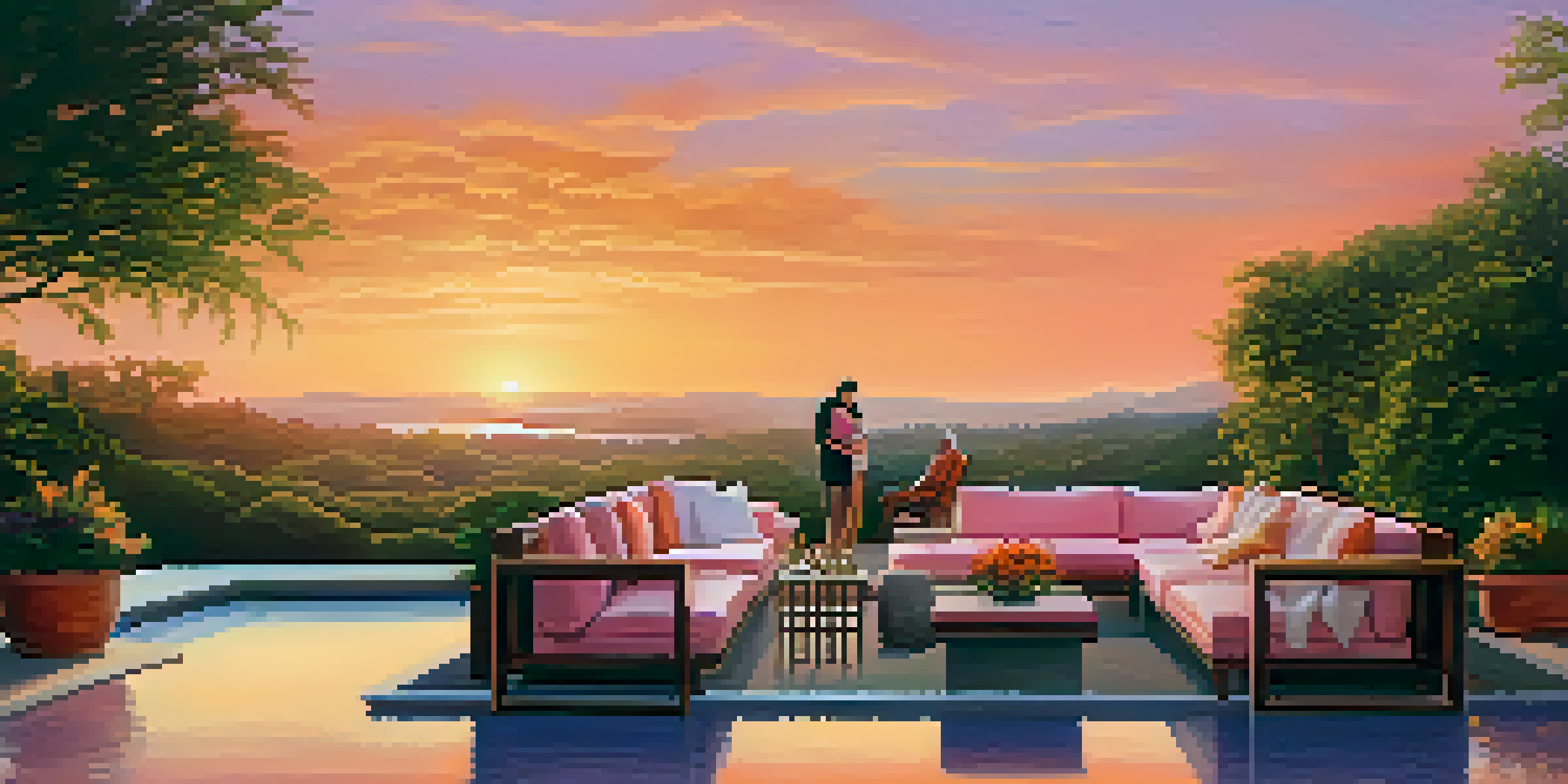 A couple having a deep conversation in a luxurious outdoor retreat, surrounded by greenery and a sunset sky.