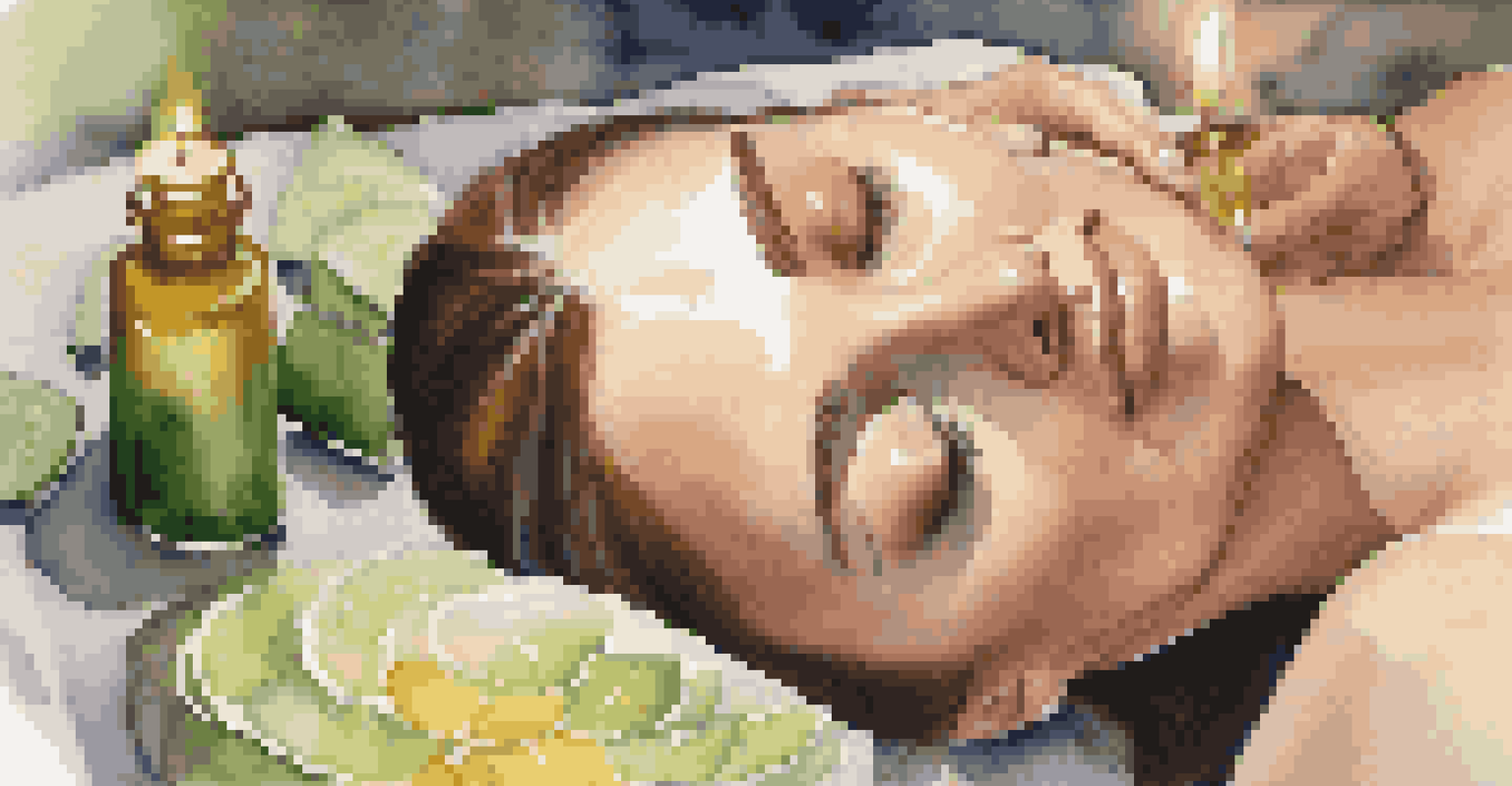 A close-up of a woman receiving a facial treatment with cucumber slices on her eyes, surrounded by essential oils and candles.