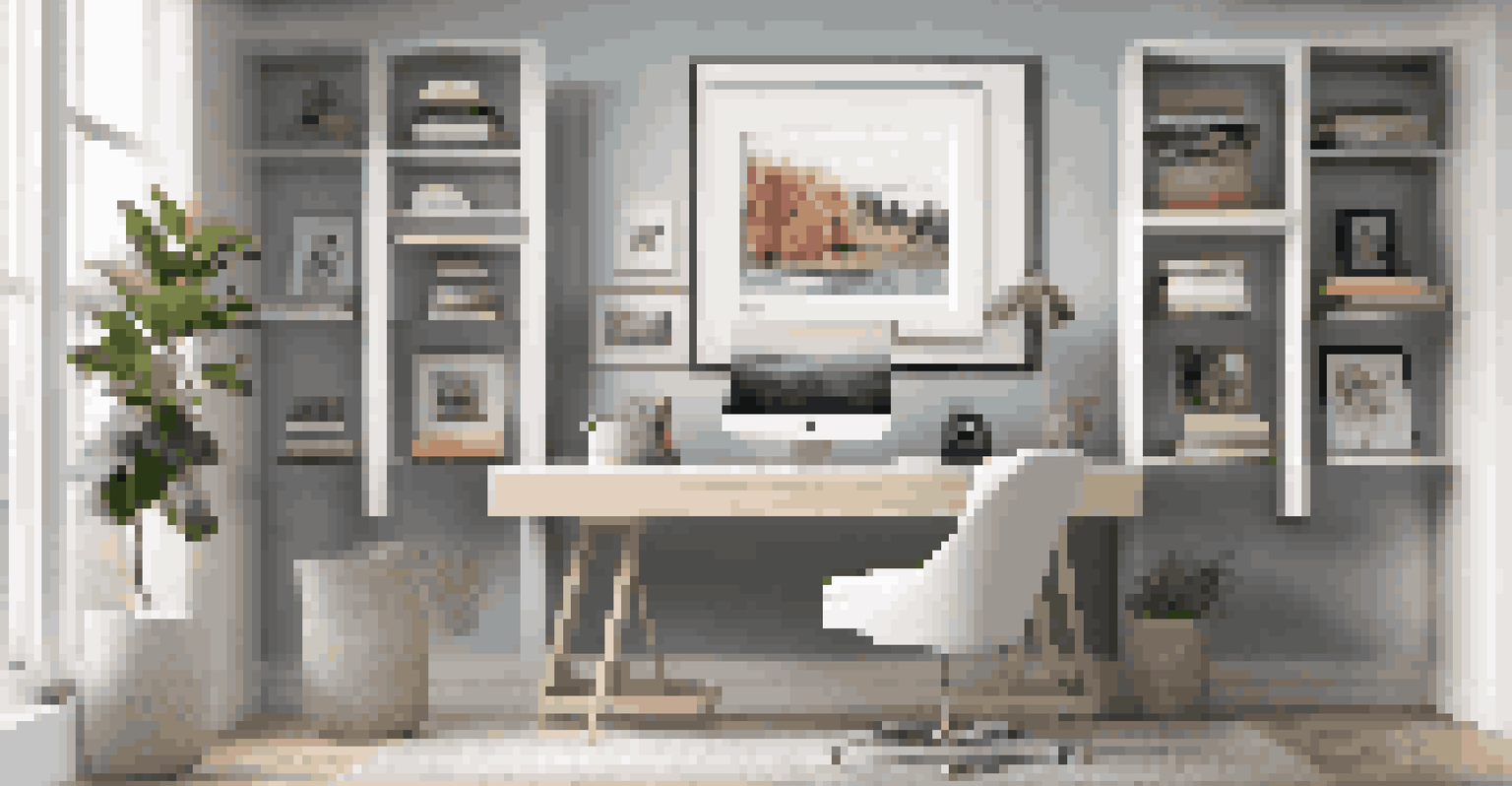 A modern home office with a digital photo frame showcasing family photos, minimalist decor, and ample natural light.