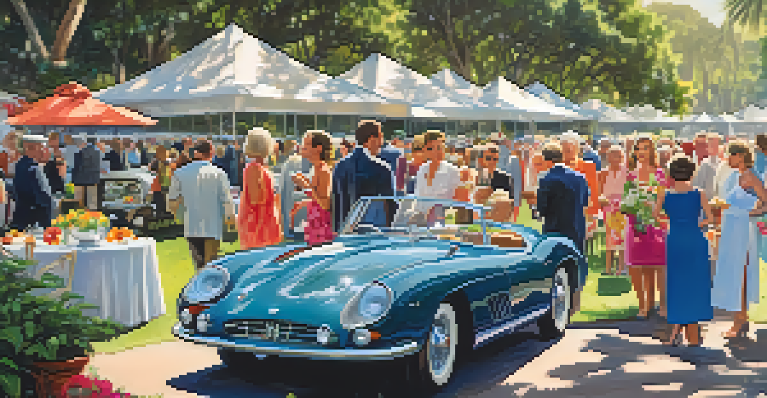 Guests enjoying gourmet food and wine at the Concours d'Elegance on Amelia Island, with classic cars and a lush garden backdrop.