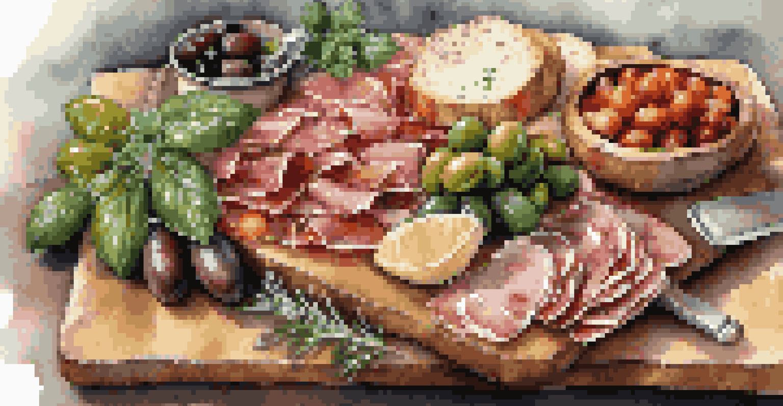 An antipasto platter with cured meats, cheeses, olives, and vegetables arranged on a wooden board, illuminated by natural light.