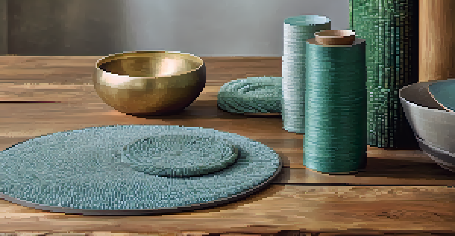 A close-up of sustainable luxury materials like bio-fabricated textiles and recycled metals on a wooden table.