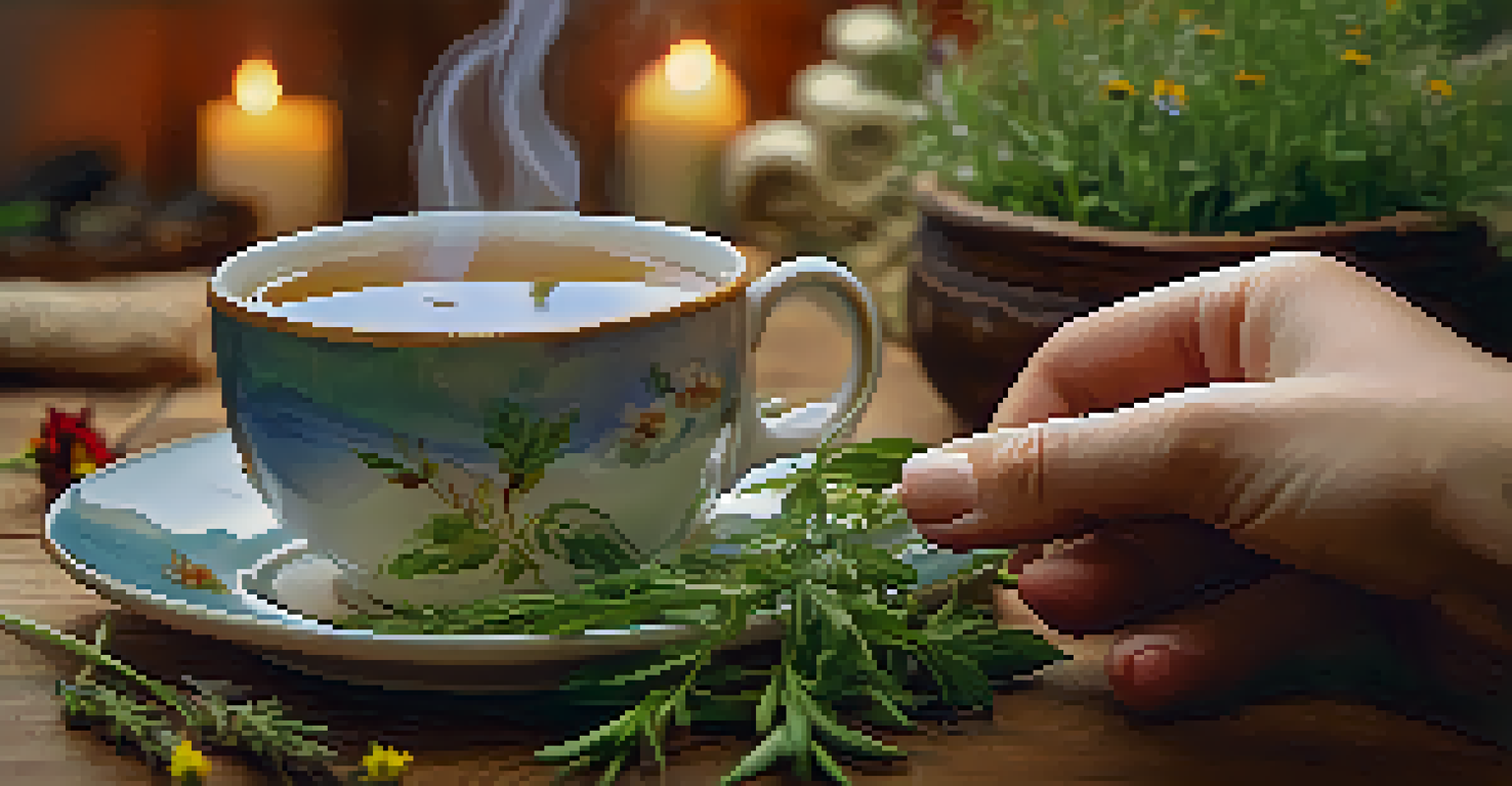 A close-up of a hand holding a steaming herbal tea cup with fresh herbs and flowers, set in a peaceful spa atmosphere.