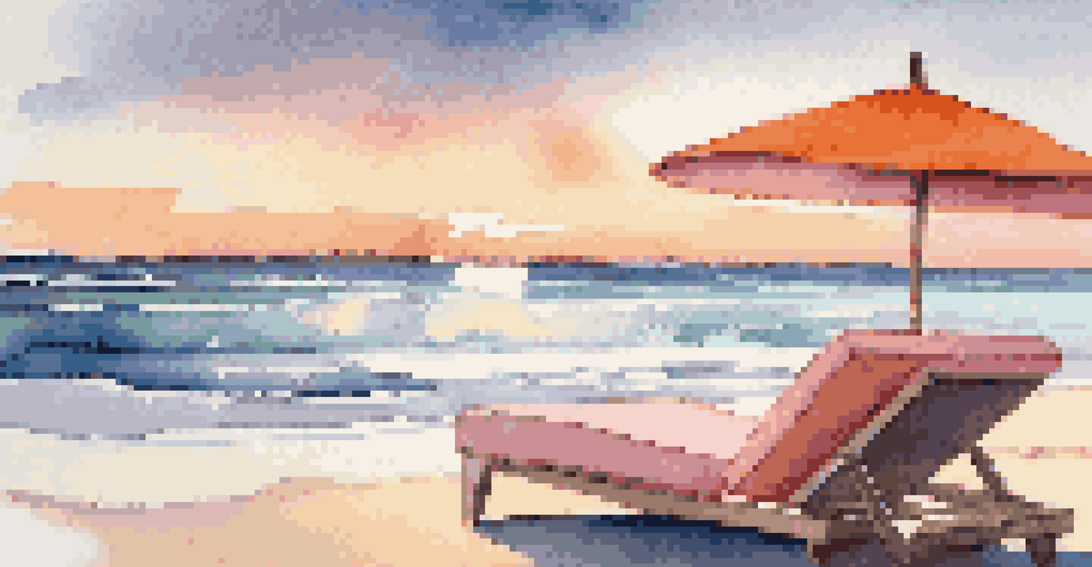 A serene beach sunset scene with a luxurious lounge chair, soft waves, and vibrant sky colors.