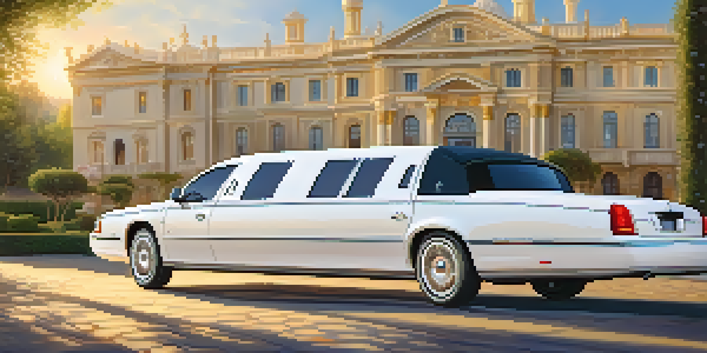 A white limousine parked in front of a grand venue with flowers and greenery.