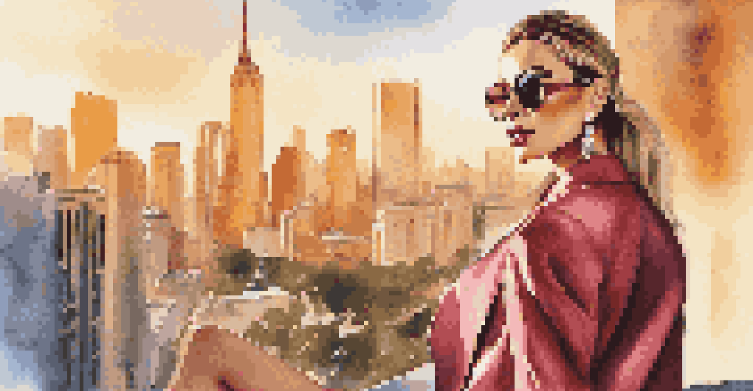 A celebrity in a luxury outfit in a cityscape, representing social media engagement for luxury fashion.