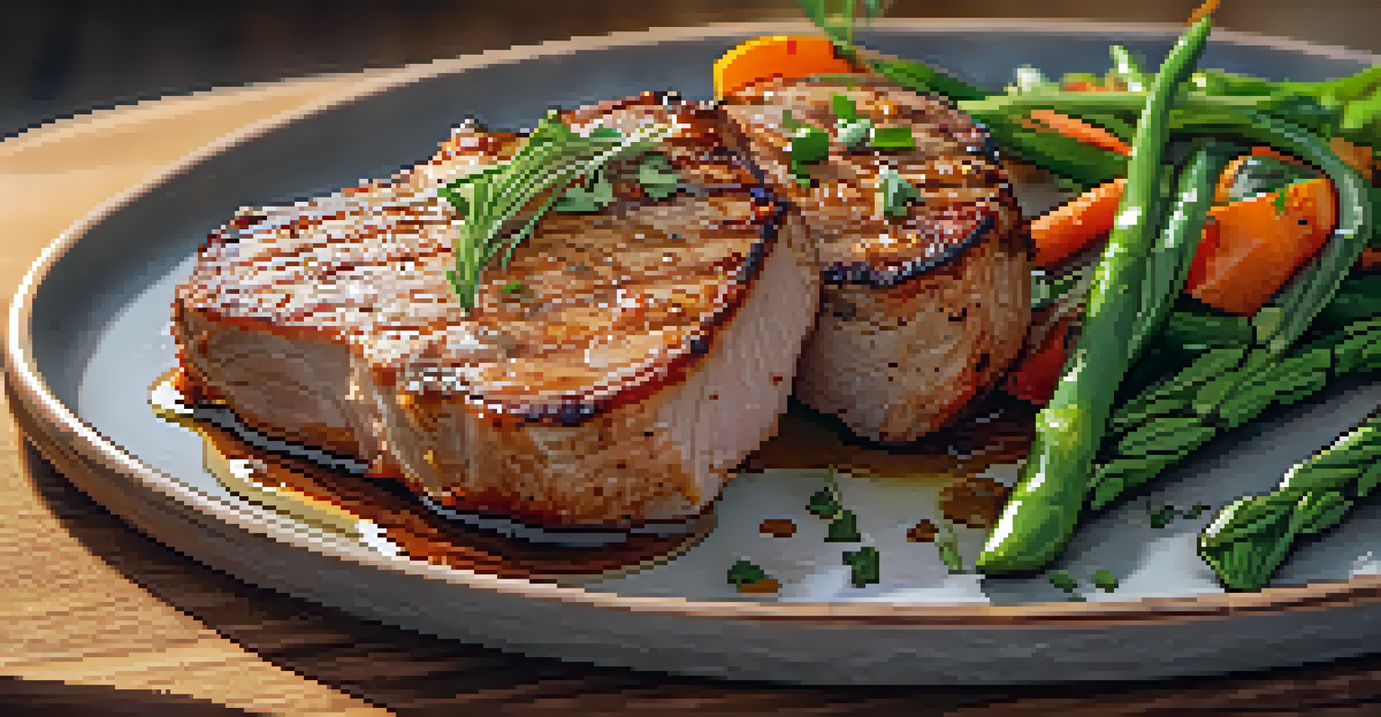 Close-up of sous vide pork chops garnished with herbs and side vegetables on a wooden board.
