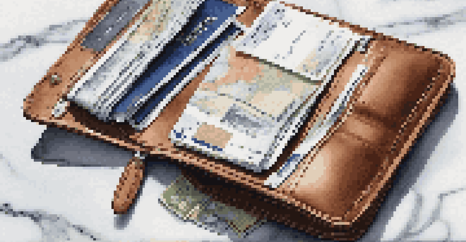 A close-up of a travel wallet with documents on a marble surface, showcasing organization and elegance.