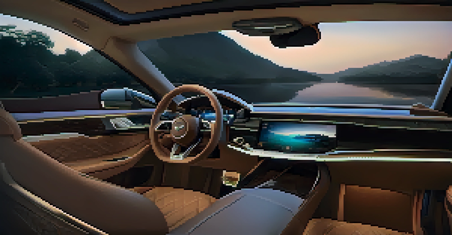 An interior view of a luxury car with plush leather seats, an advanced dashboard, and warm ambient lighting.