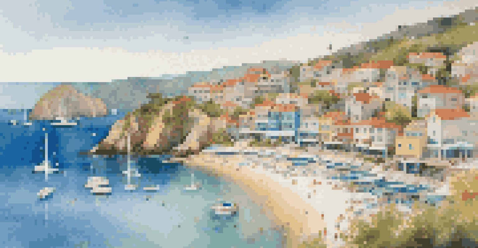 Aerial view of a coastal town with colorful houses, a marina filled with sailboats, and a sunny beach scene.