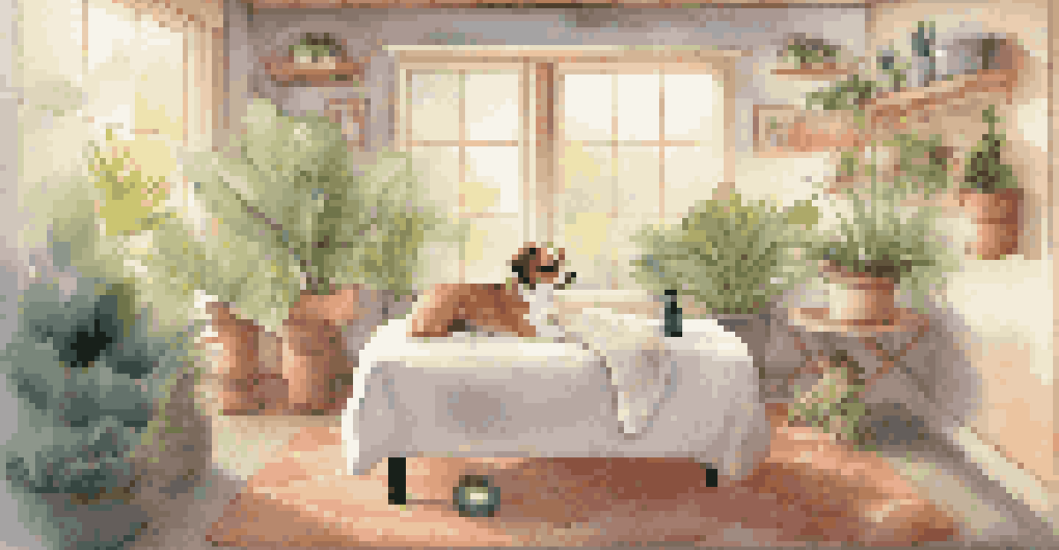 A small dog receiving a relaxing massage in a peaceful spa setting with soft lighting and plants.
