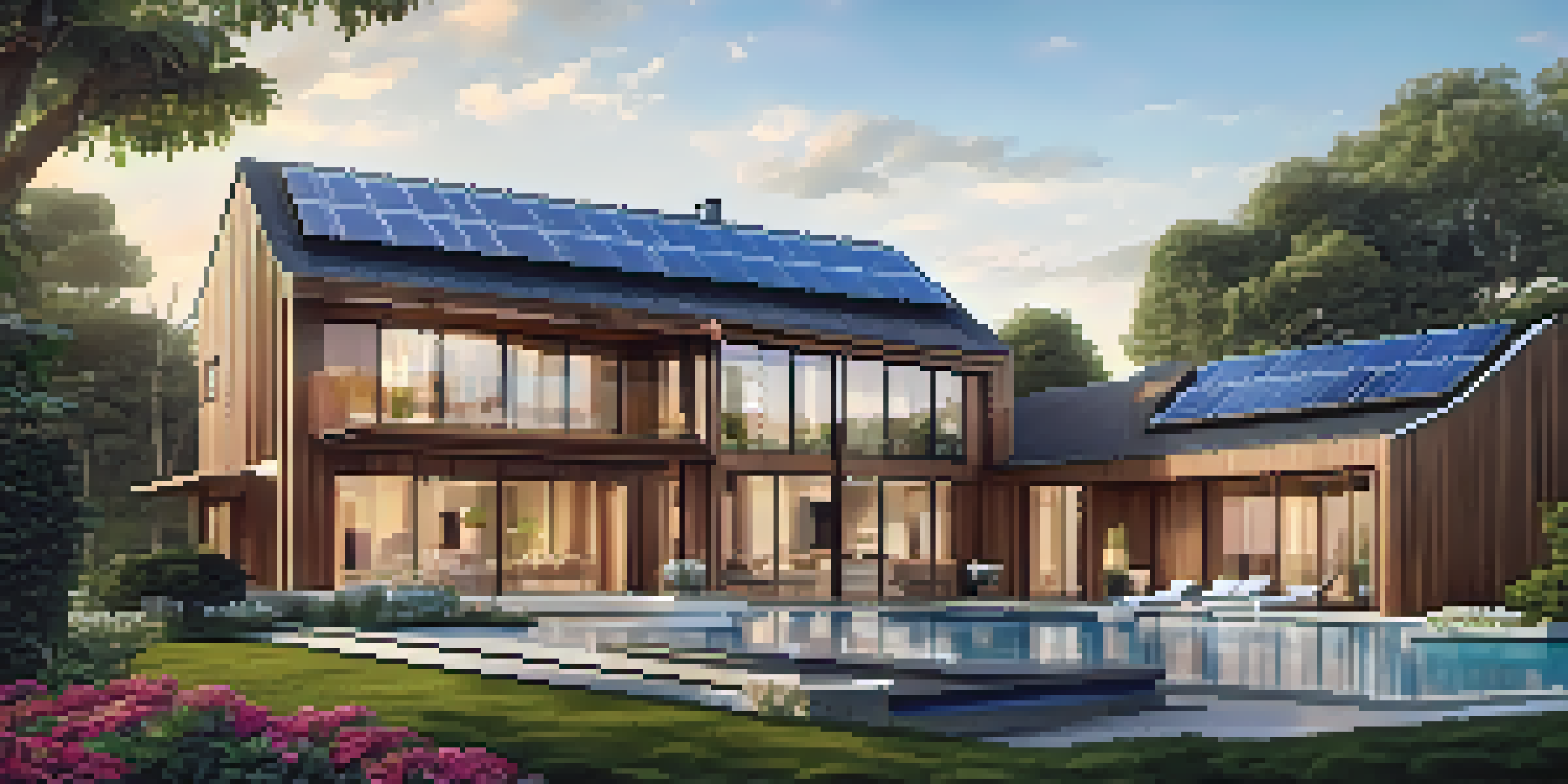 A modern luxury home surrounded by a vibrant garden and trees, featuring solar panels and large glass windows reflecting sunlight.