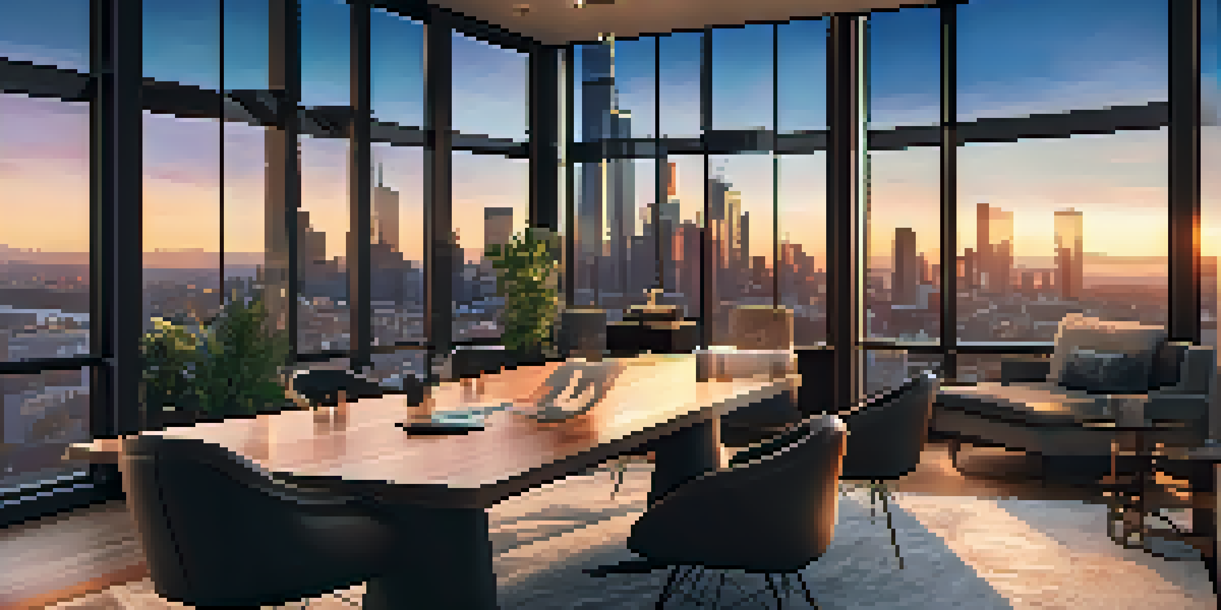 A modern podcast studio with luxury decor, plush chairs, and a view of a city skyline at sunset.