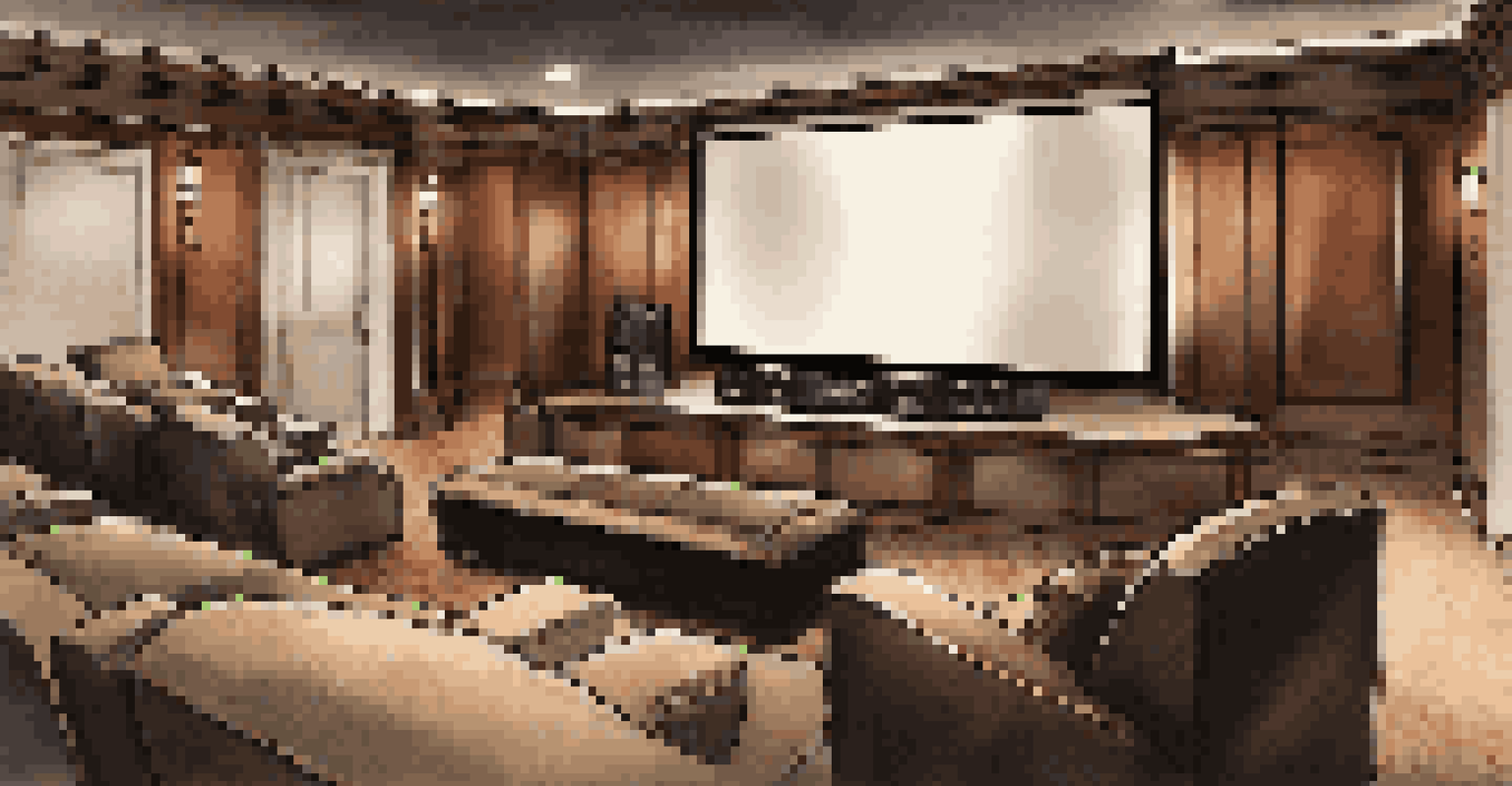 An elegant home theater with tiered seating, a modern sound system, and a small bar area, designed for luxury.