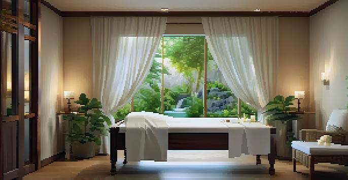 A calm and peaceful luxury spa treatment room with candles, flowers, and greenery.