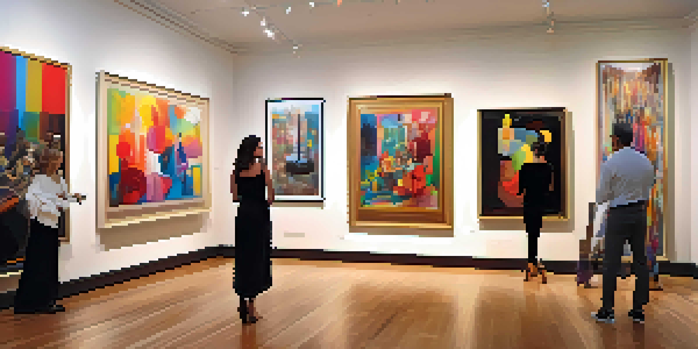 A celebrity collector in a luxurious art gallery, admiring a colorful abstract painting among a diverse collection of contemporary art.