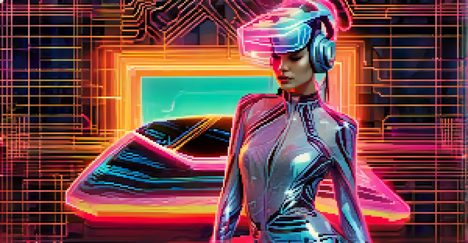 A futuristic model in a digitally designed outfit, set against a neon-lit abstract background.