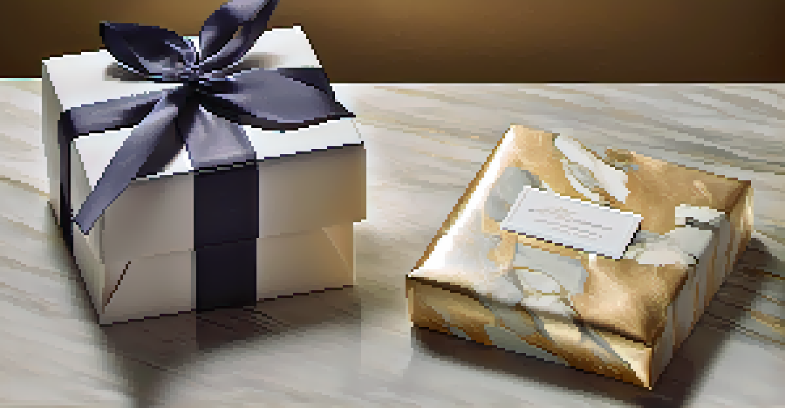 A luxurious gift box with artisanal soaps and a handwritten note, sitting on a marble surface with soft lighting.