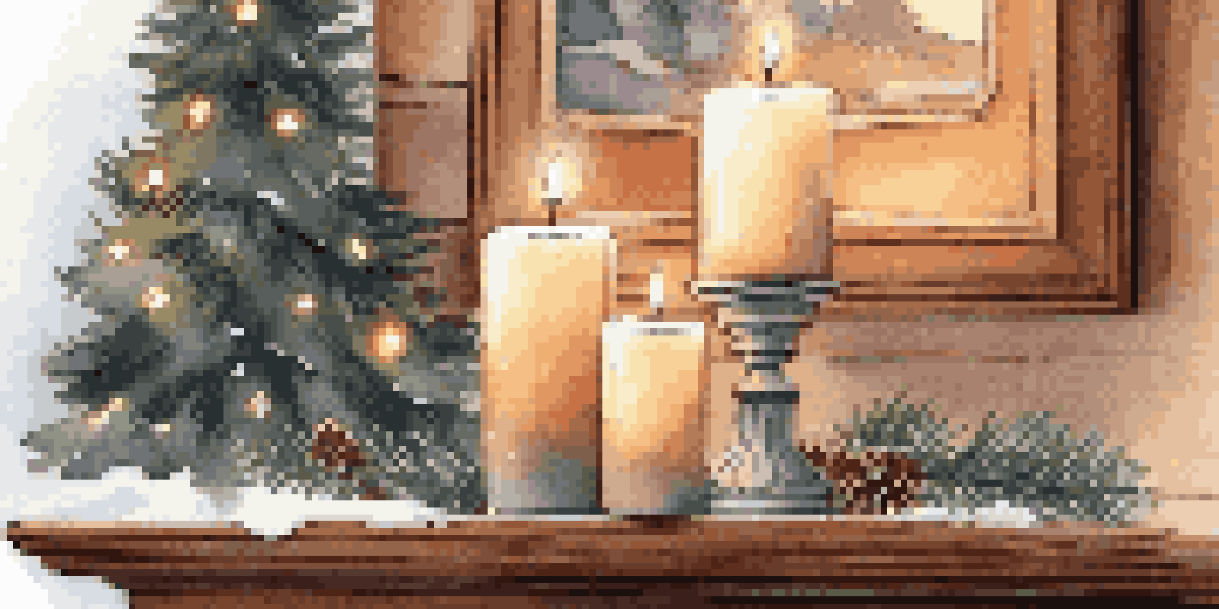 A warm and inviting winter scene with a luxury candle on a wooden mantel, adorned with pine branches and fairy lights.