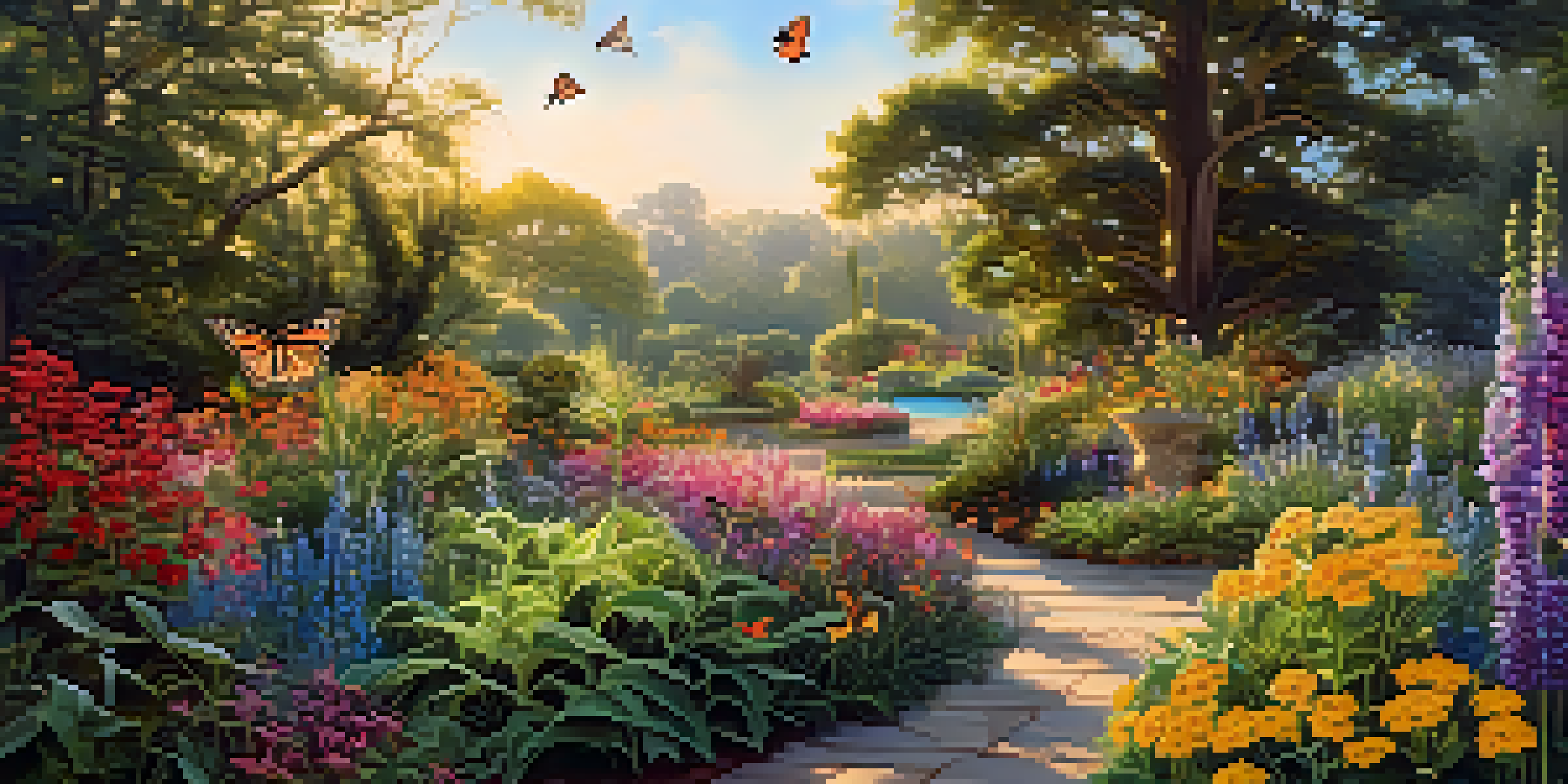 A vibrant garden filled with native wildflowers and lush greenery under soft golden sunlight, with butterflies and birds present.
